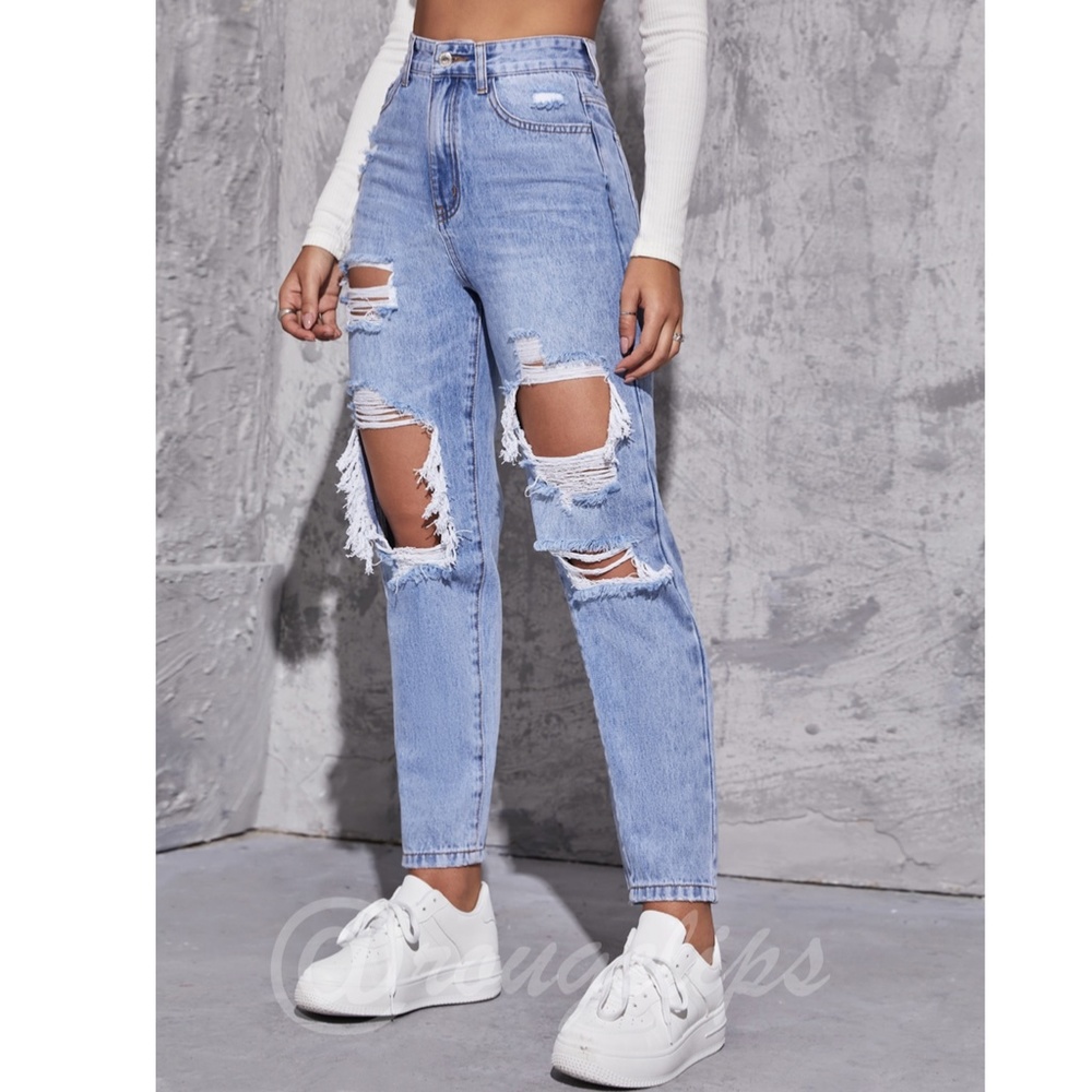 Light Wash Blue Jeans Distressed Ripped High Waist Raw Hem - Picture 3 of 7